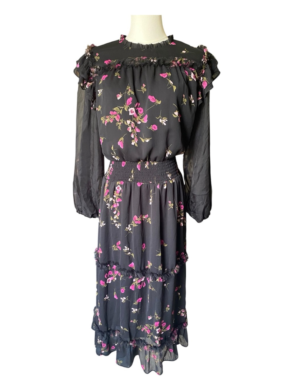 CeCe Floral Ruffle Chiffon Midi Dress